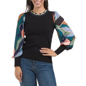 RIO & RIAN Black Mixed Media Crew Neck Balloon Sleeve Sweater